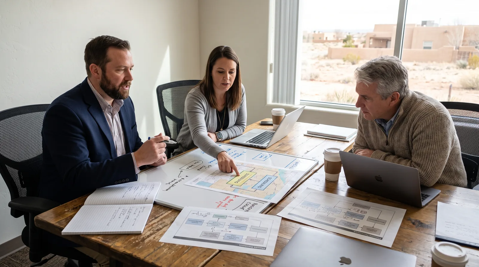 Two consultants and a business operator at a work table, mapping a process across spread-out documents